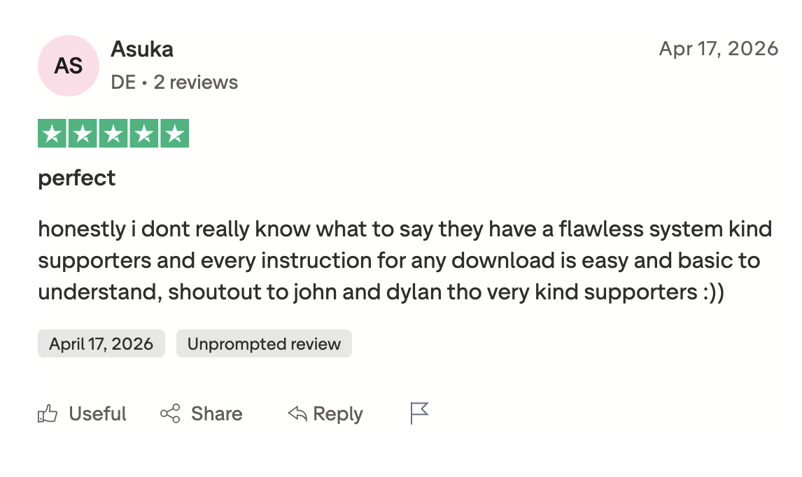 Trustpilot-Bewertung von Asuka – 5 Sterne