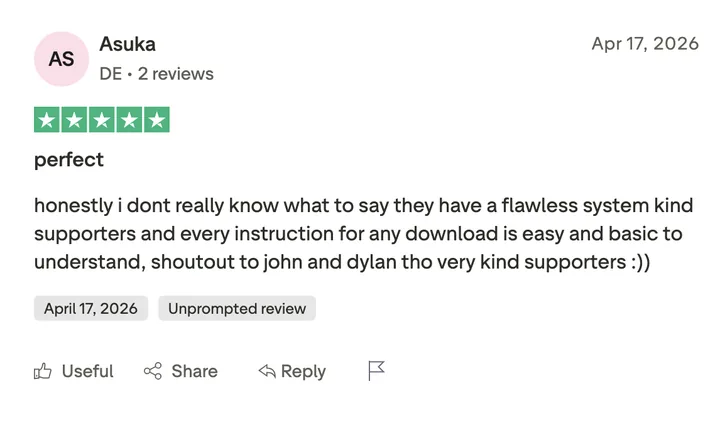 Trustpilot review from Asuka — 5 stars, perfect
