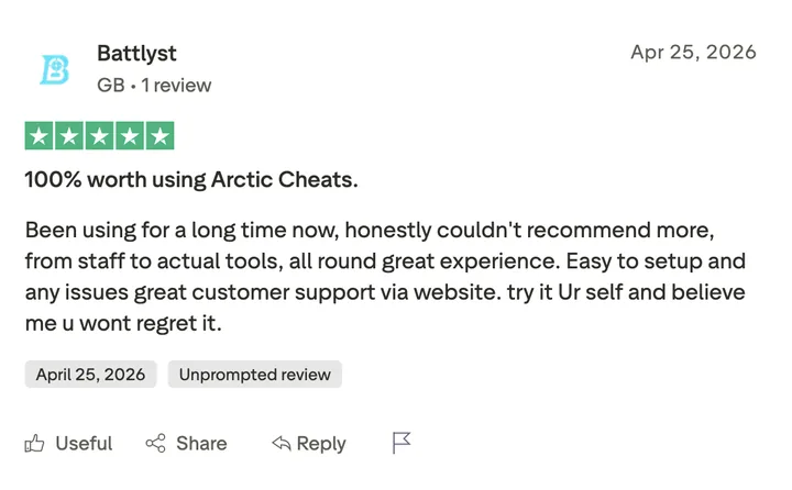 Trustpilot review from Battlyst — 5 stars, 100% worth using Arctic Cheats