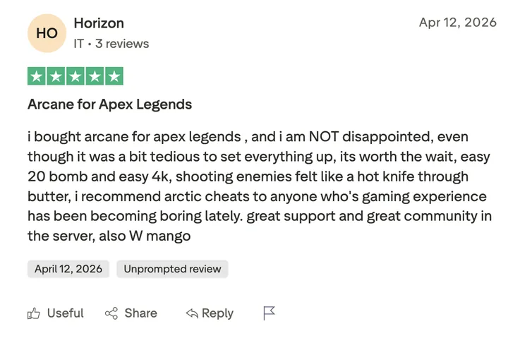 Trustpilot review from Horizon — 5 stars, Arcane for Apex Legends