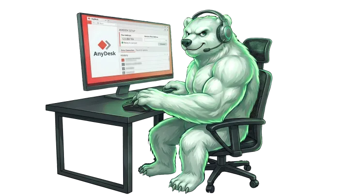 Das Bärenmaskottchen der Arctic Cheats sitzt am Computer