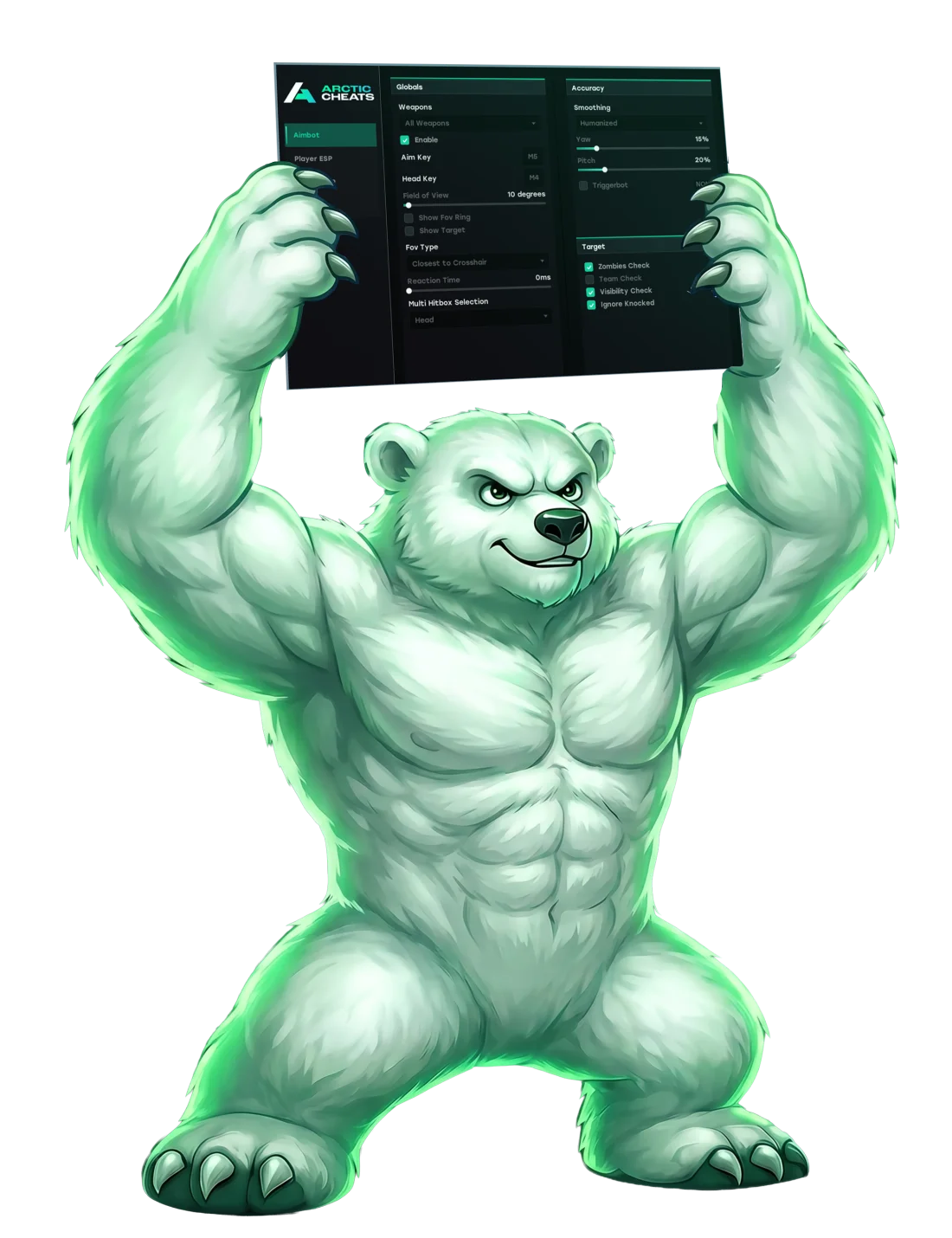 Arctic Cheats mascot holding the cheat menu