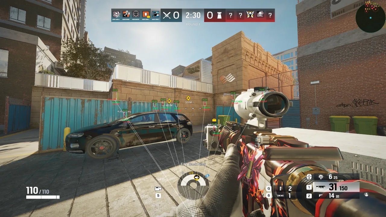 Inferno ESP boxes marking enemies through walls on an R6 street map with the aim circle visible