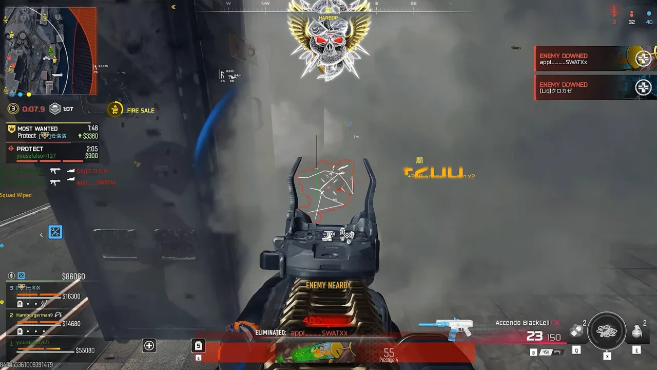 Red skeleton ESP revealing an enemy through smoke in Warzone with an enemy nearby warning on screen
