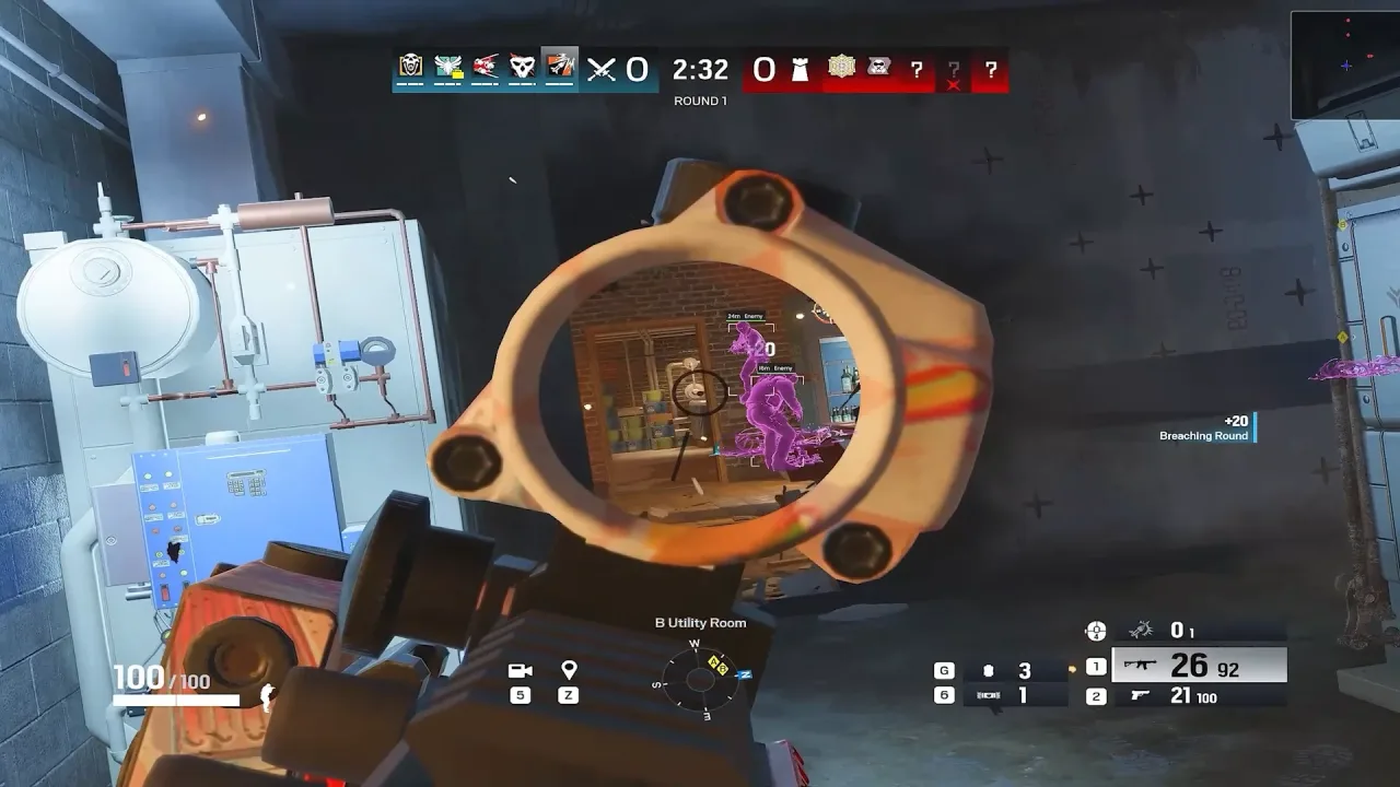 Rainbow Six Siege gameplay with enemy ESP boxes and a visible player list