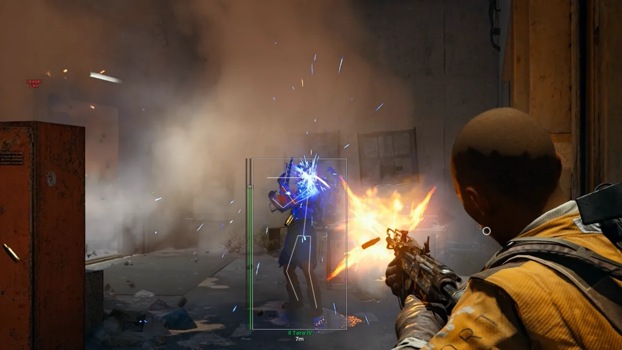 Box ESP outlining an ARC machine through smoke and muzzle flash in an Arc Raiders firefight