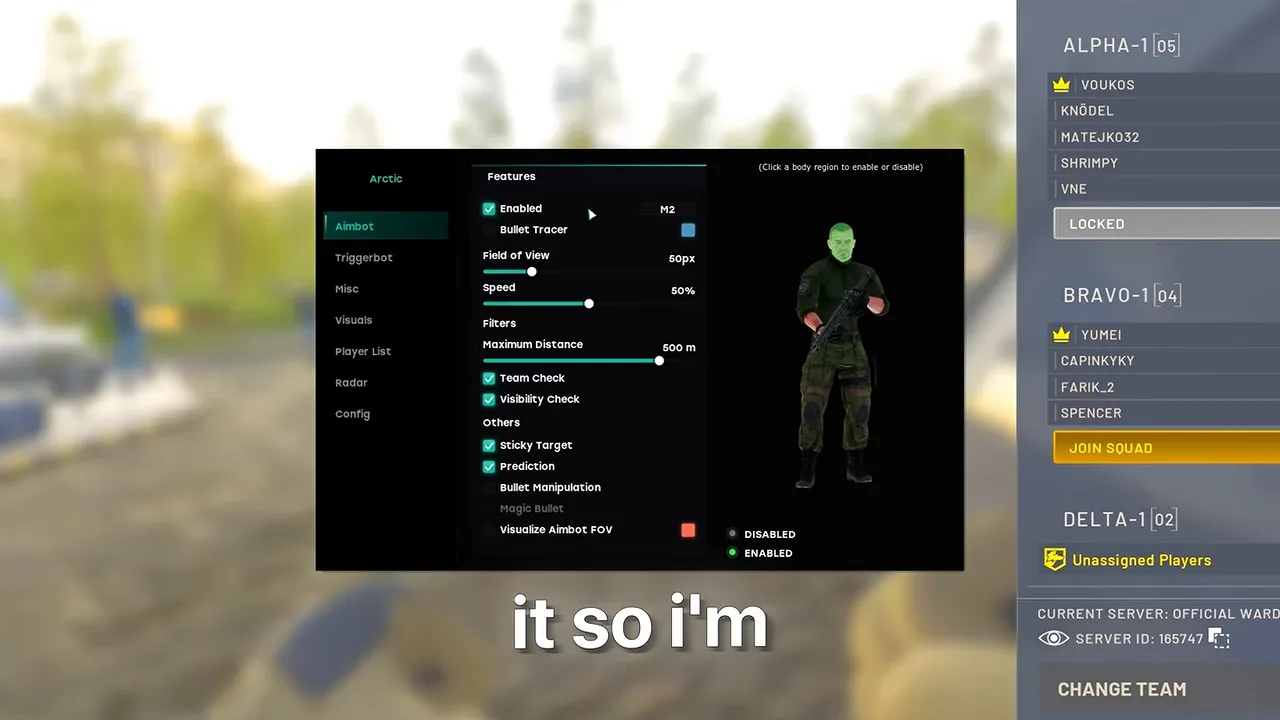 Frost for Wardogs aimbot tab set to a legit config: 50px field of view, 50% speed, 500 m, visibility check on, magic bullet off