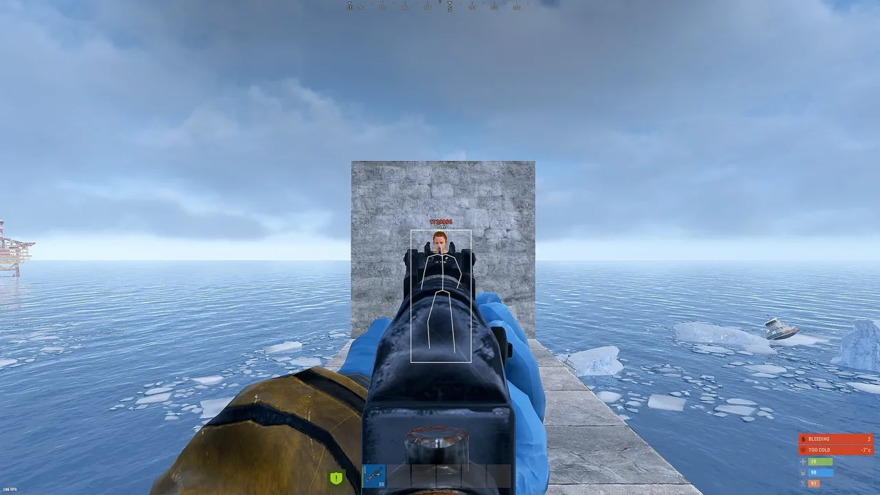 Rust gameplay with player ESP and resource markers across a snowy landscape