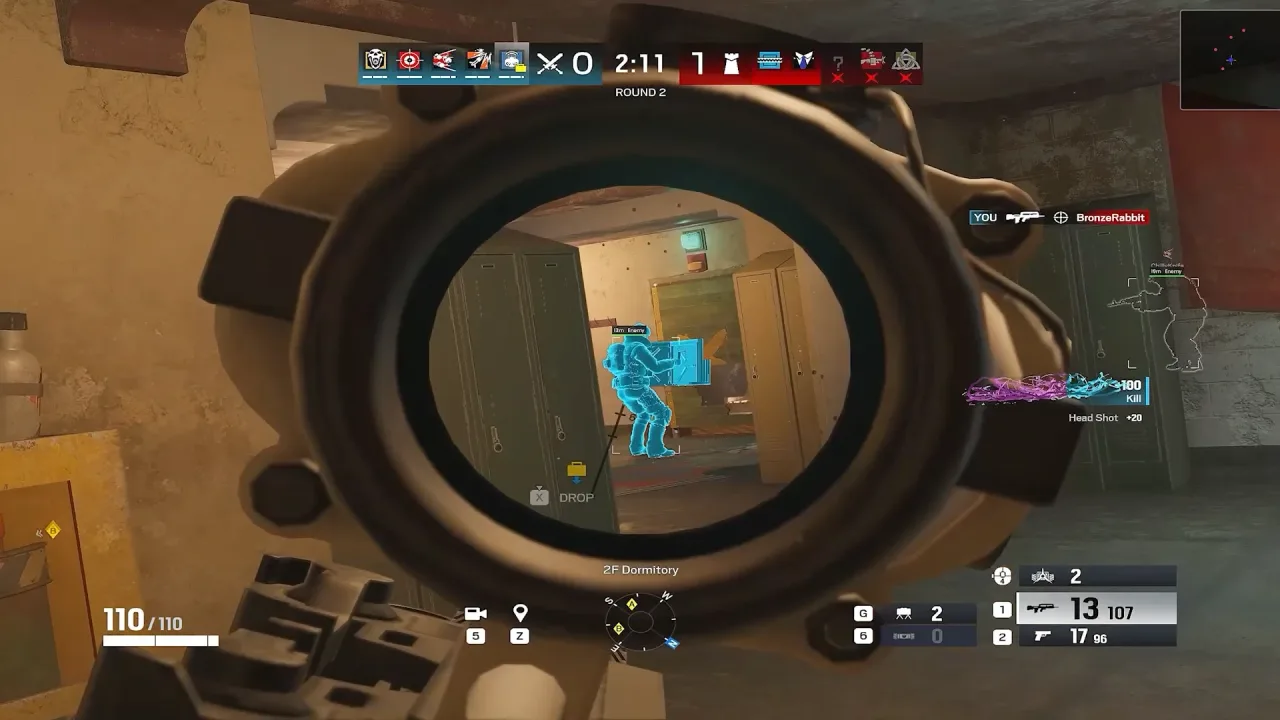 An enemy glowing in blue chams seen through a scope in an R6 dormitory with a headshot in the kill feed