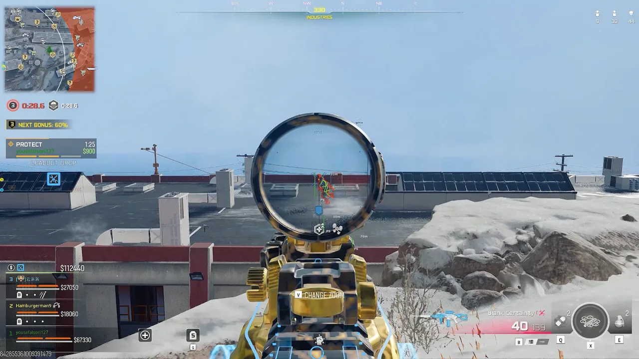 Scoped view with an ESP skeleton on a distant rooftop enemy in Warzone with squad money totals on screen