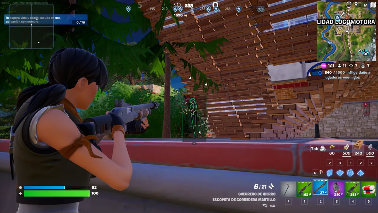 Green skeleton ESP tracking an enemy through a wooden build in Fortnite in third-person view