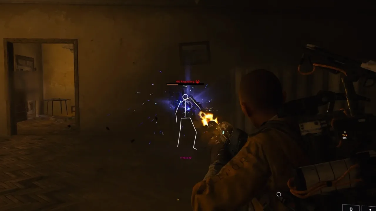 White skeleton ESP outlining an enemy through a dark interior wall in Arc Raiders with a red nametag