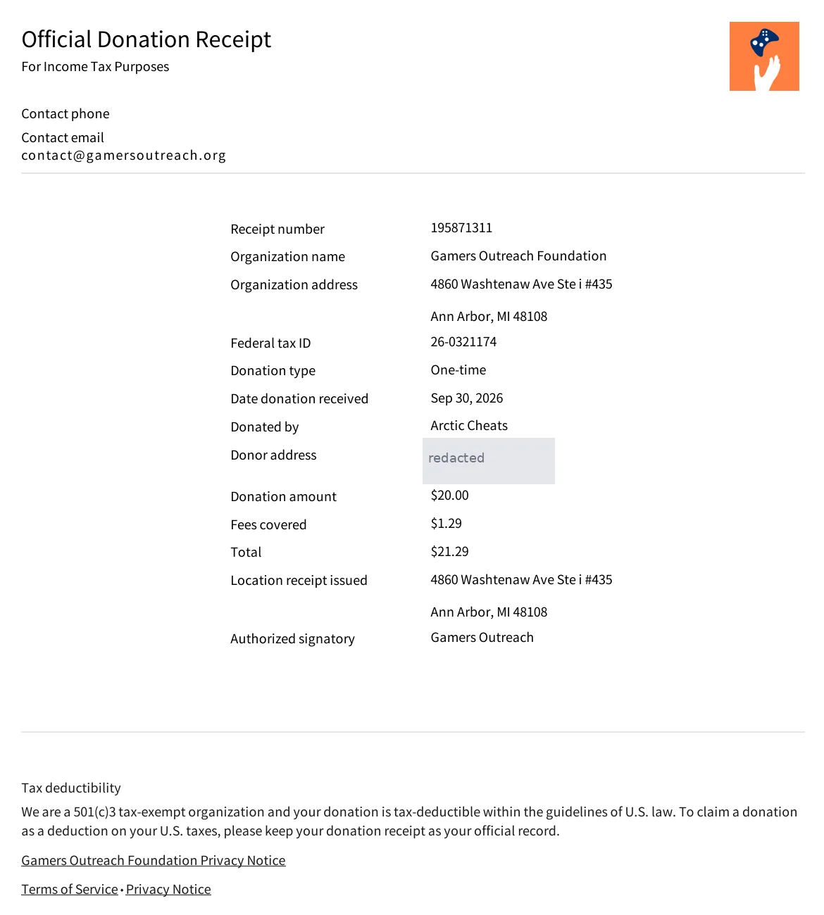 Gamers Outreach Foundation donation receipt 195871311: $20.00 donation plus $1.29 fees, September 30, 2026