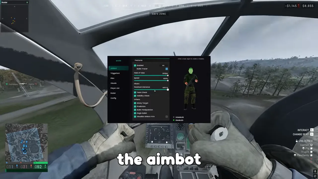 Menu aimbot Frost pour Wardogs avec magic bullet, champ de vision de 200px et distance de 600 m, ouvert à l'intérieur d'un hélicoptère
