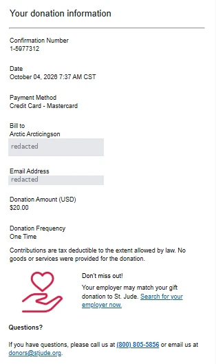 St. Jude Children's Research Hospital Spendenbestätigung 1-5977312: $20.00 einmalige Spende, 4. Oktober 2026, 7:37 AM Central