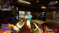 Enemy highlighted in cyan chams with damage numbers and crosshair inside an industrial room — Arcane Apex Legends cheat