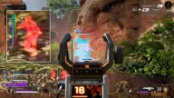 Red glow chams and skeleton ESP with aimbot crosshair locked on an enemy in a canyon — Arcane Apex Legends cheat