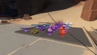 Color-coded loot ESP labeling shields, backpacks and boosters with distances on a desert platform — Arcane Apex Legends cheat