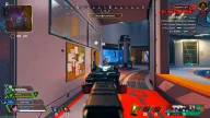 Enemy highlighted by red box ESP down a sci-fi facility corridor during a firefight — Hydra FULL Apex Legends cheat