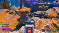 Enemy tagged by player ESP health bar and distance marker over iron sights in an orange canyon — Hydra FULL Apex Legends cheat