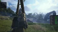 Loot, container and ARC ESP labels through a forest near a crashed arch — Frost LITE Arc Raiders cheat