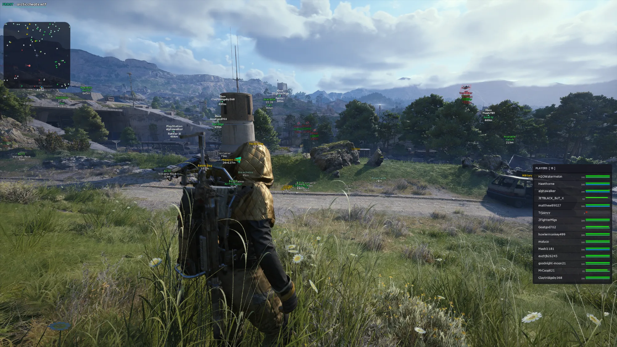 Frost ESP showing player names, loot and container labels across an Arc Raiders valley