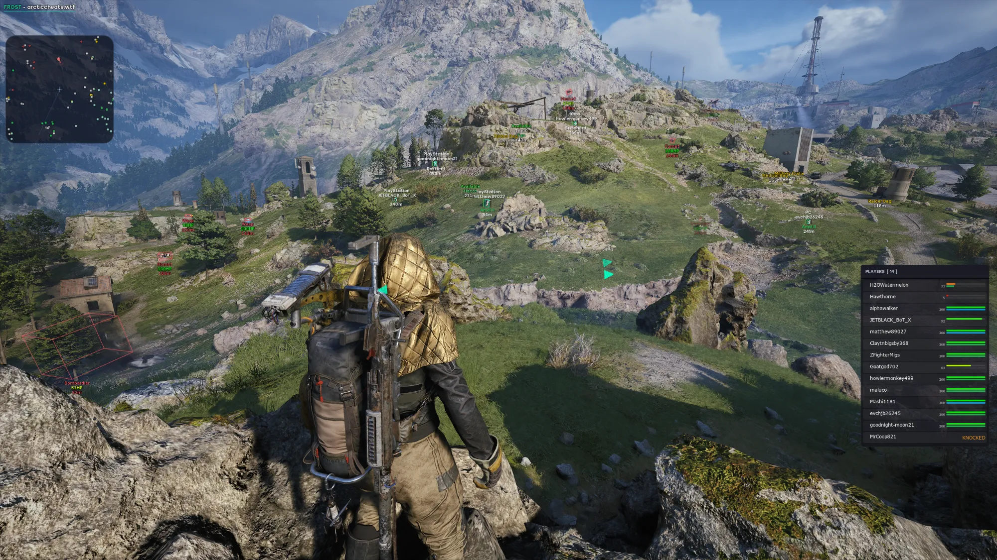Player, loot and ARC ESP labels across an Arc Raiders mountain valley with the live player list