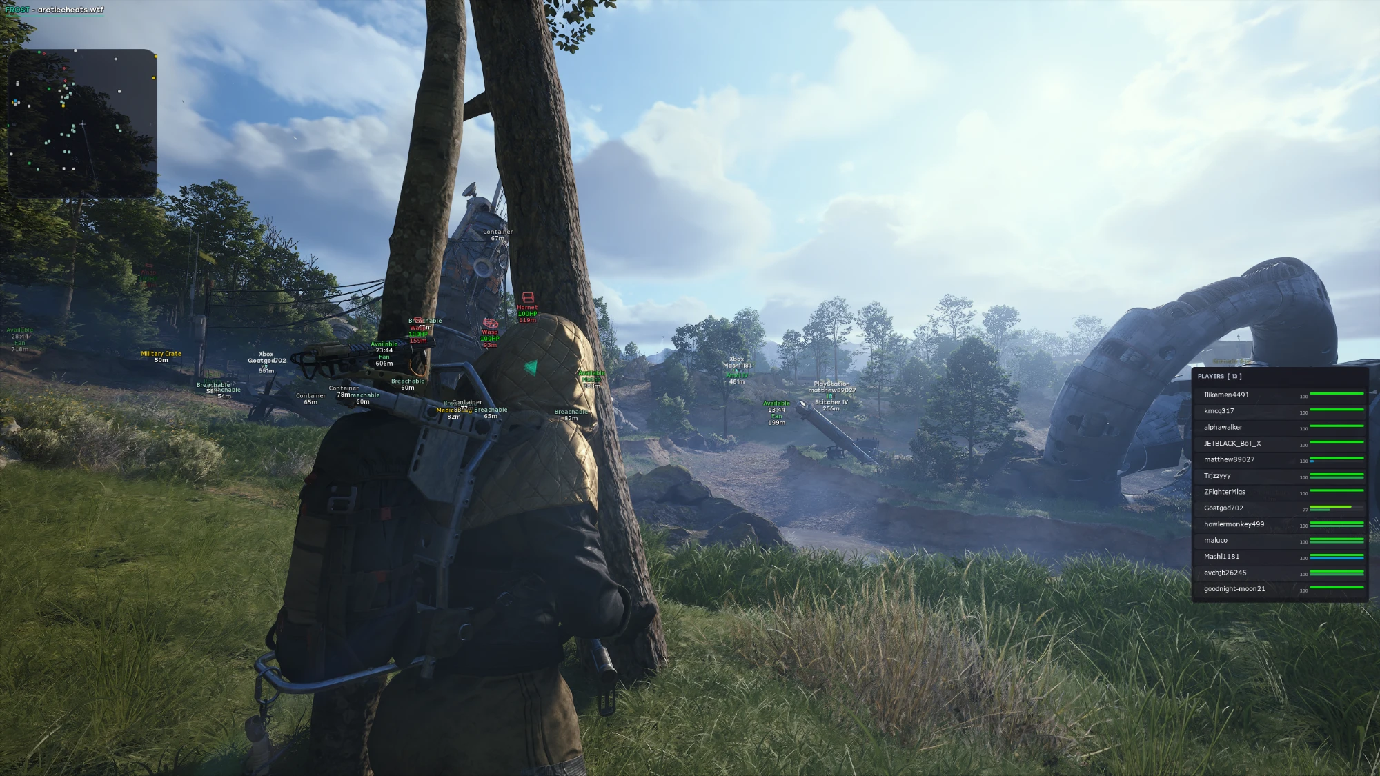 Loot, container and ARC ESP labels through a forest in Arc Raiders