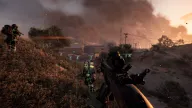 Soldiers outlined by green skeleton ESP with name and distance tags across a smoky desert outpost — Frost Battlefield 6 cheat