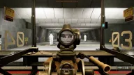 Skeleton ESP with distance tags marking range targets through a red-dot sight with aimbot circle — Hydra Battlefield 6 cheat