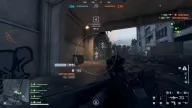 Skeleton ESP outlines enemies through walls inside an aimbot FOV circle on an urban street — Hydra Battlefield 6 cheat