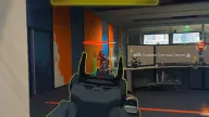Red skeleton ESP with health bar on an enemy seen over iron sights in an office — Armani BO6, BO7 & Warzone cheat