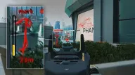 Red skeleton ESP with health bar and distance revealing an enemy through cover near futuristic plaza — Armani BO6, BO7 & Warzone cheat