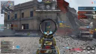 Enemy outlined by green skeleton ESP through a rifle scope with distance markers amid rubble — Frost LITE BO6, BO7 & Warzone cheat