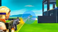 Aimbot FOV circle locked on a skeleton-ESP bot with weapon label, distance and damage number — Frost Fortnite cheat