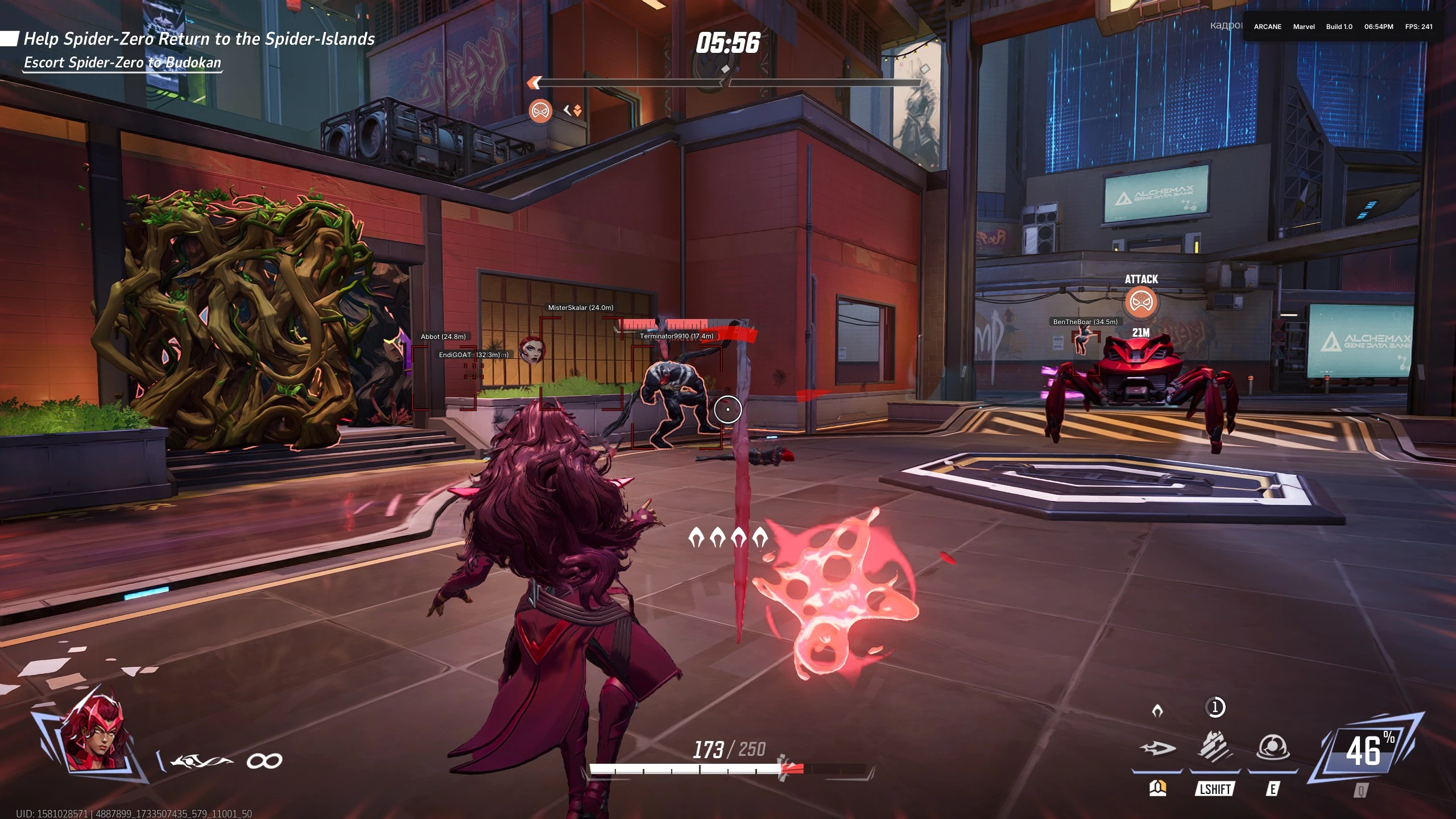 Enemies boxed by red player ESP with names and meter distances in a neon city plaza — Arcane Marvel Rivals cheat