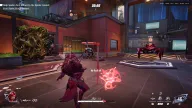 Enemies boxed by red player ESP with names and meter distances in a neon city plaza — Arcane Marvel Rivals cheat