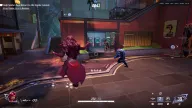 Enemies marked through walls by red bracket ESP with name-distance labels in a neon plaza — Arcane Marvel Rivals cheat