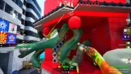 Hider revealed through a dragon statue by green skeleton ESP with aimbot crosshair and nameplate — Krush Meccha Chameleon cheat