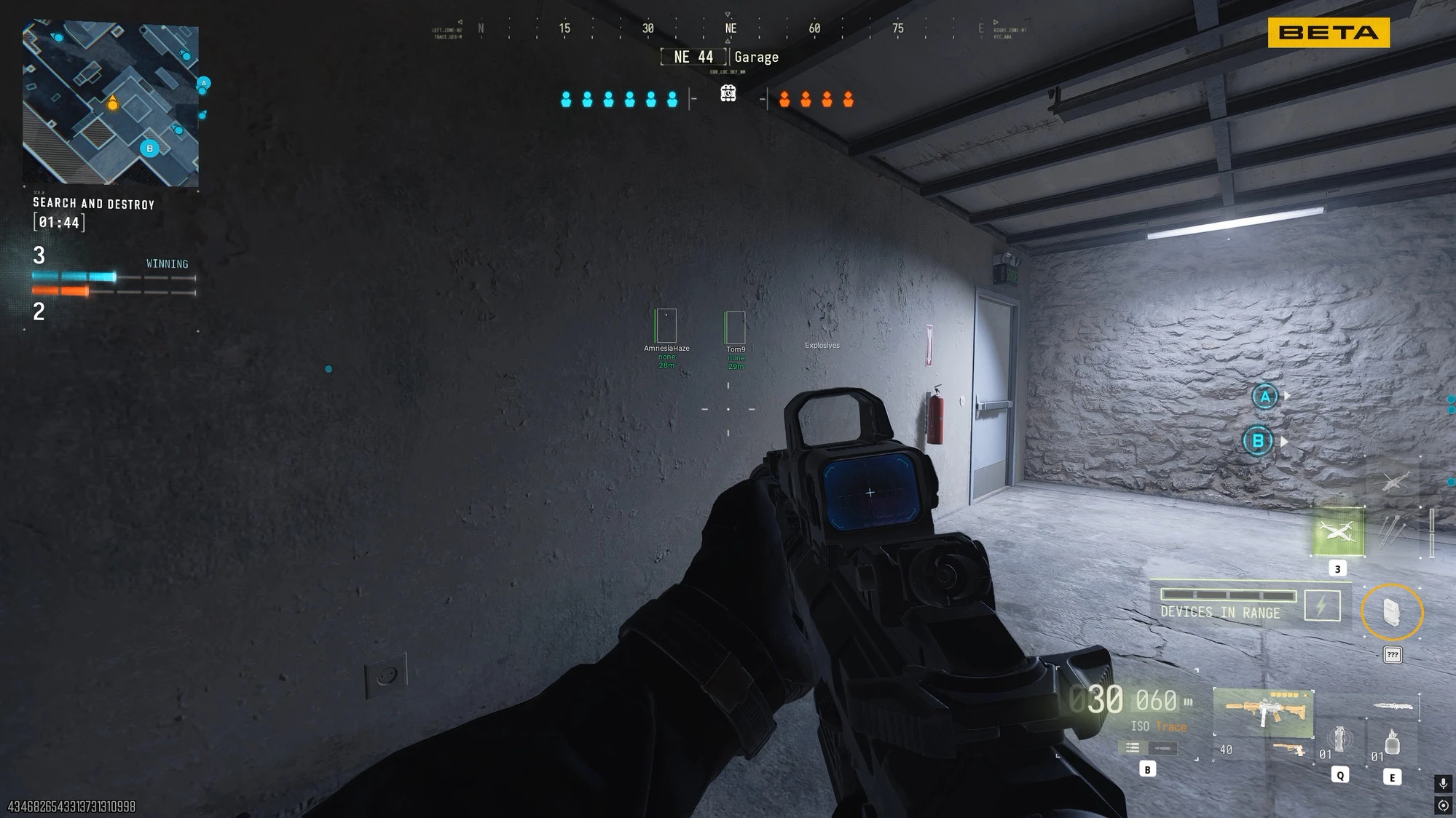 Enemy name and distance ESP boxes visible through a garage wall behind a holographic sight in Modern Warfare 4
