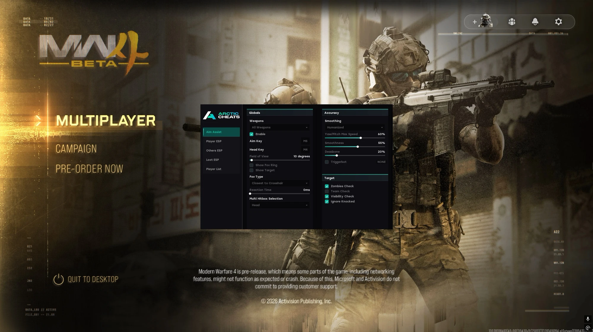 Arctic Cheats menu over the Modern Warfare 4 multiplayer lobby with aim assist and ESP settings