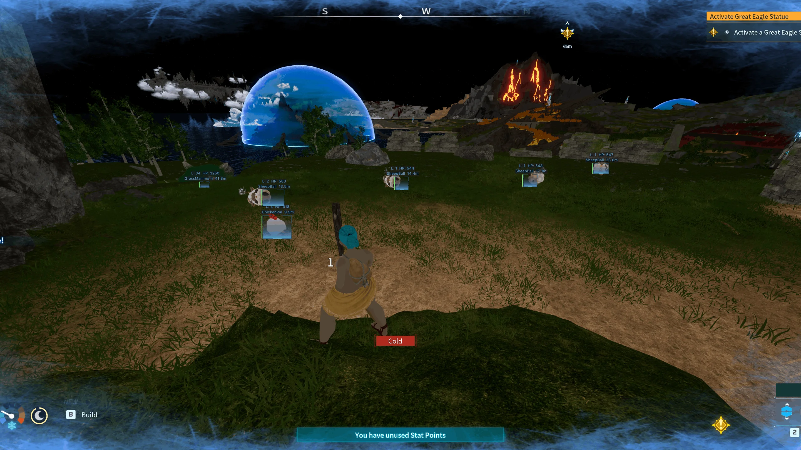 Pal ESP boxes with level, HP and distance tracking SheepBalls and a ChickenPal across an open plateau — Arcane Palworld cheat