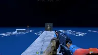 Player box ESP showing ID and 8m distance through a stone wall on a night pier — Hydra Rust cheat