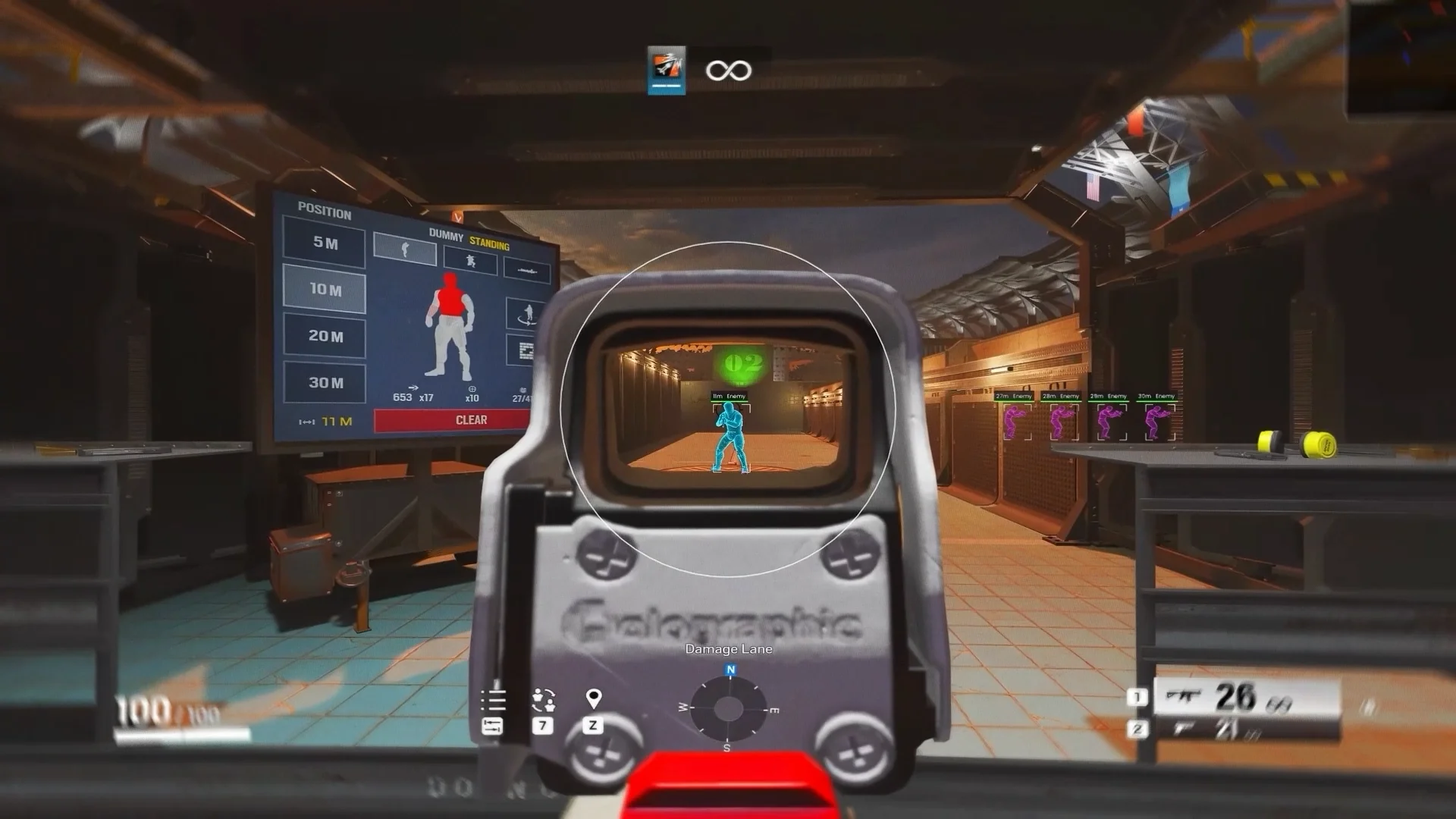 Blue chams enemy in a holographic sight with purple box ESP targets at a shooting range — Frost Pro Rainbow Six Siege cheat