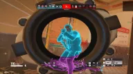 Cyan glow chams outlining an enemy operator through a scope with distance tag indoors — Frost Pro Rainbow Six Siege cheat