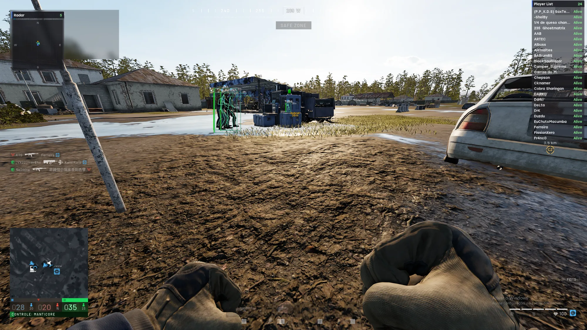 Frost skeleton ESP with name and distance tags marking players across a Wardogs trader camp, with radar