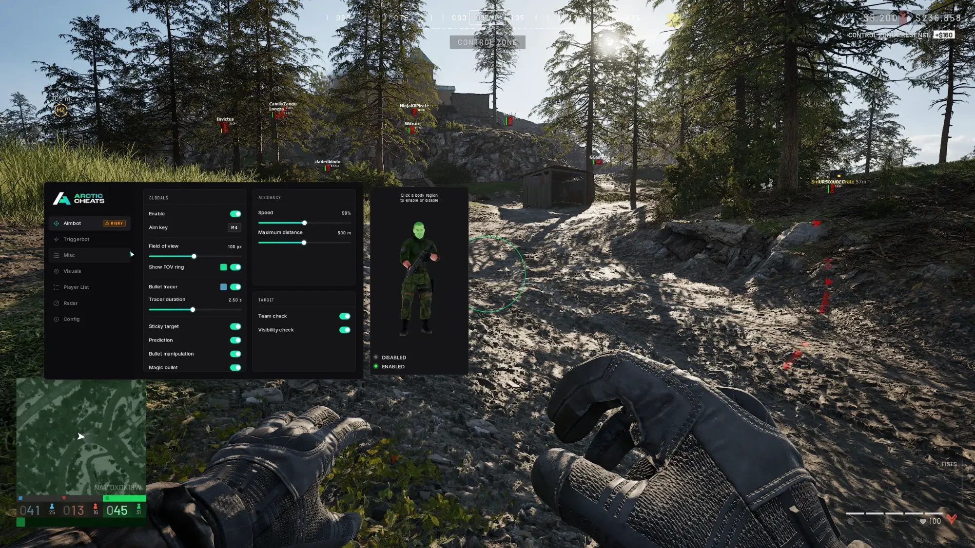 Menú de aimbot de Frost para Wardogs mostrando tecla de apuntado, campo de visión, velocidad, distancia máxima, equipo y verificación de visibilidad y el selector de región corporal