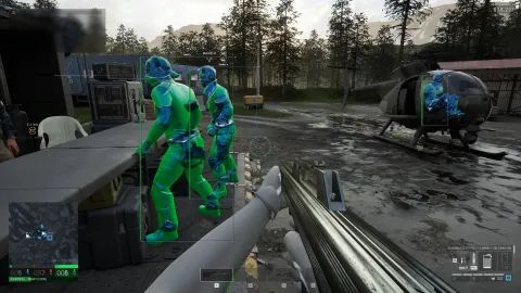 Frost chams for Wardogs: players shown as bright colored models, including one inside a helicopter